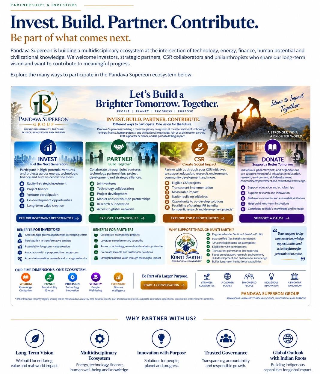 Invest. Build. Partner. Contribute. — Pandava Supereon partnership and participation pathways overview