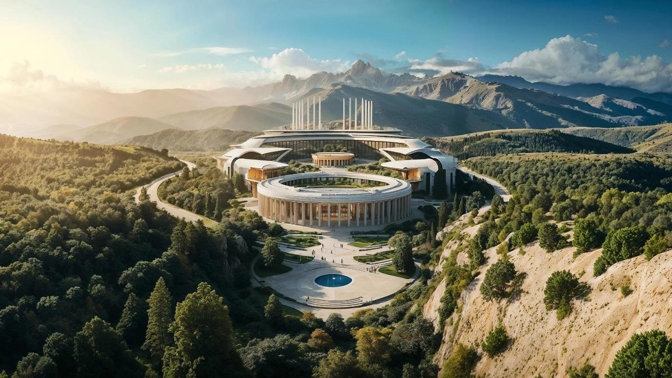 Kuntisarthi Global Future Campus at dusk in the Himalayan foothills, built for generations