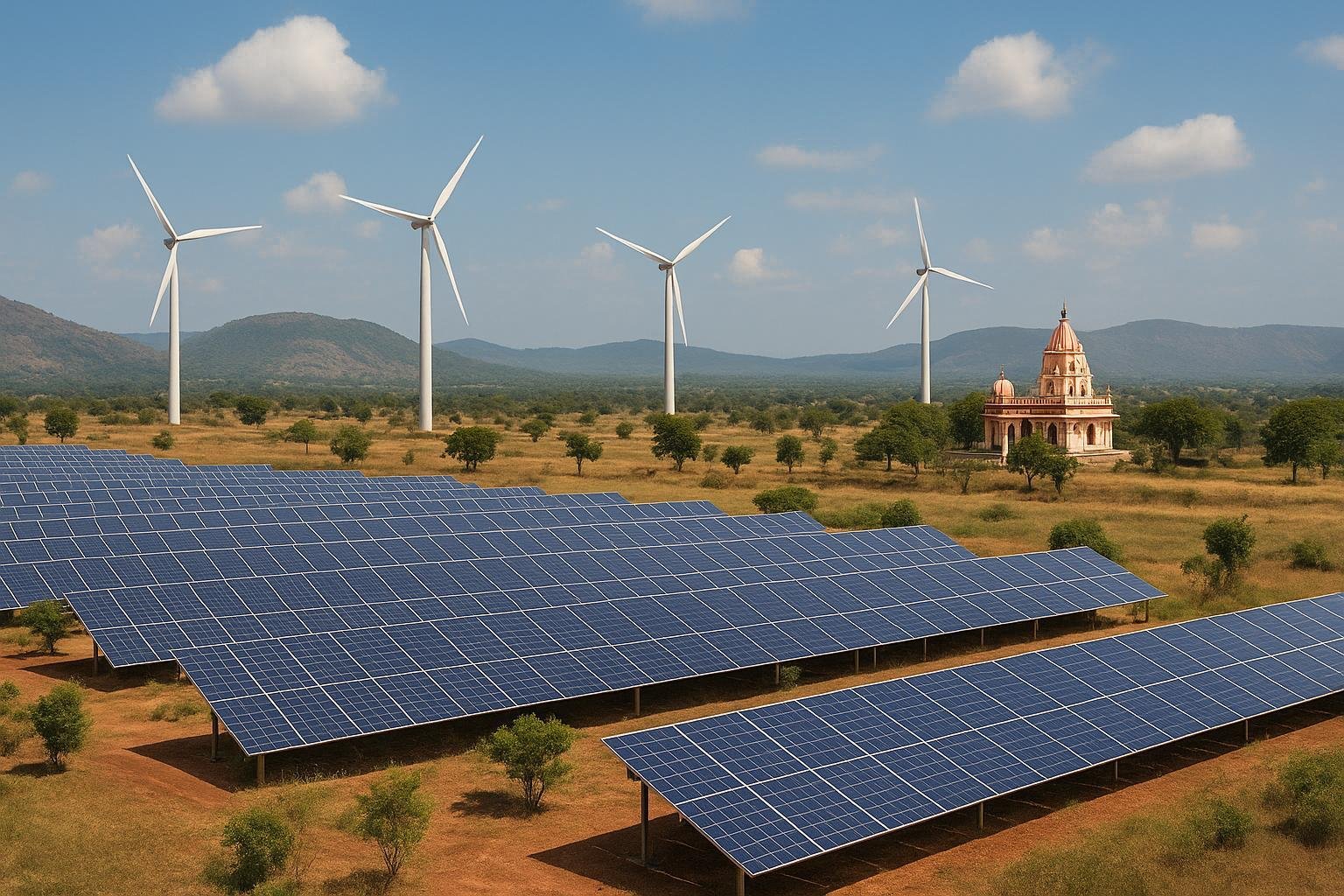 Solar and wind infrastructure across an Indian landscape